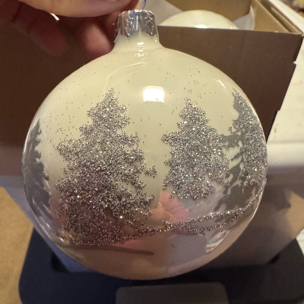 Vitbis 6pc Handcrafted Glass Ornaments made in Poland White / Silver Trees NIB